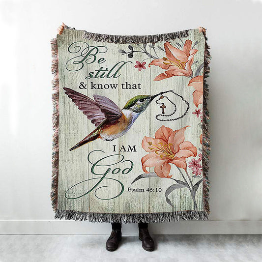 Be Still I Am God Hummingbird Orange Lily Woven Blanket Art - Bible Verse Throw Blanket - Christian Inspirational Boho Blanket