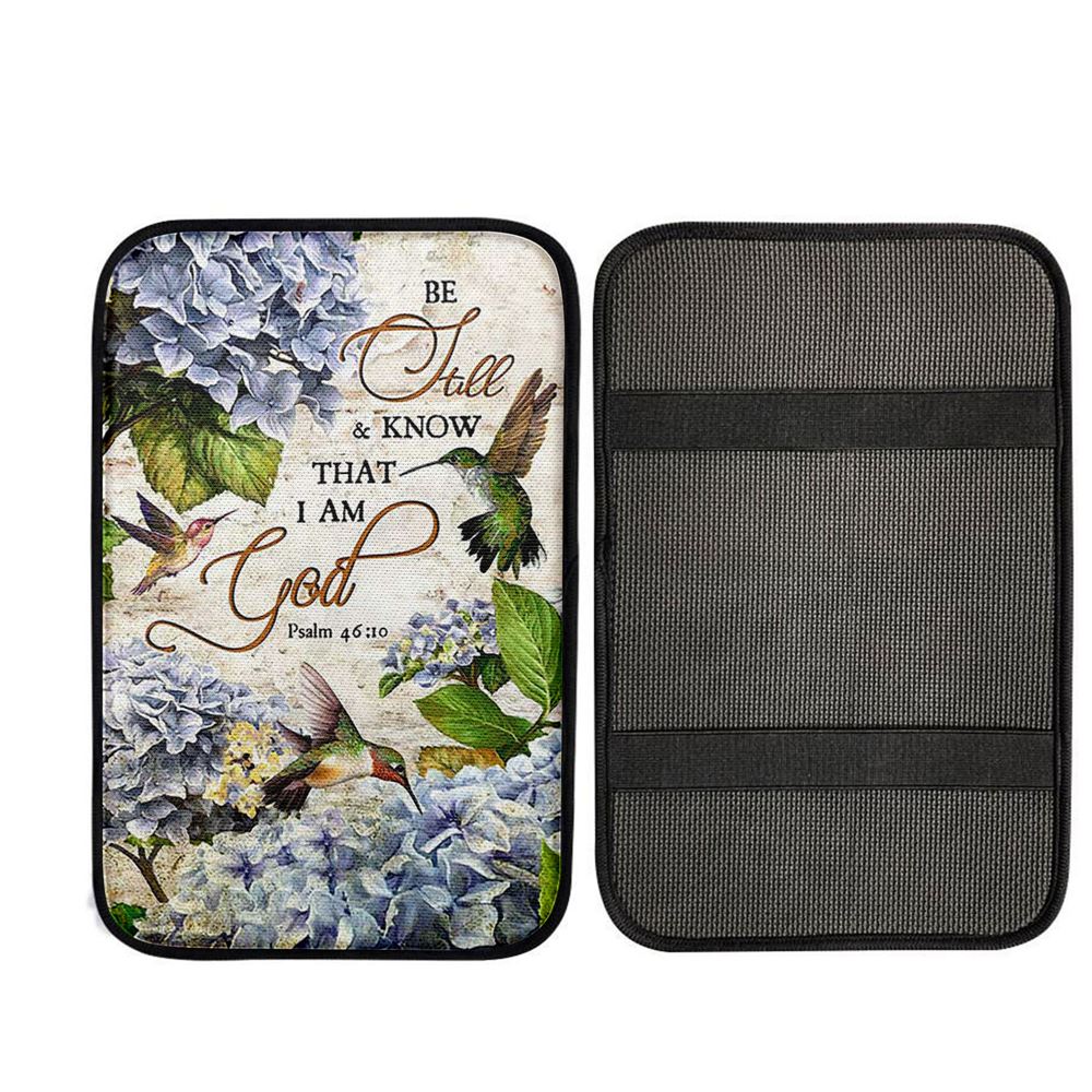 Be Still & Know That I Am God Blue Hydrangea Hummingbird Car Center Console Cover, Christian Auto Armrest Cover