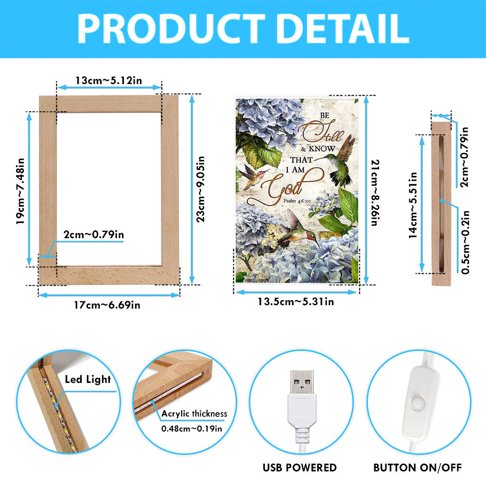 Be Still & Know That I Am God Blue Hydrangea Hummingbird Frame Lamp Art - Bible Verse Wooden Lamp - Christian Home Decor
