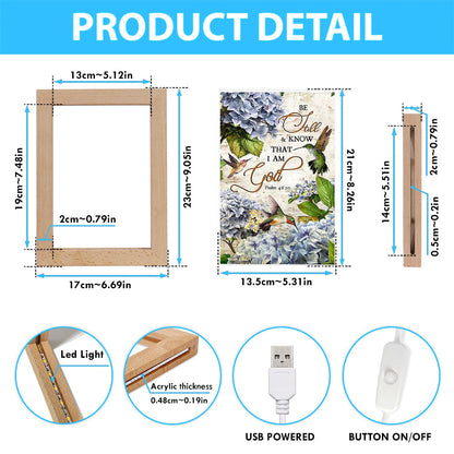 Be Still & Know That I Am God Blue Hydrangea Hummingbird Frame Lamp Art - Bible Verse Wooden Lamp - Christian Home Decor