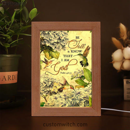 Be Still & Know That I Am God Blue Hydrangea Hummingbird Frame Lamp Art - Bible Verse Wooden Lamp - Christian Home Decor