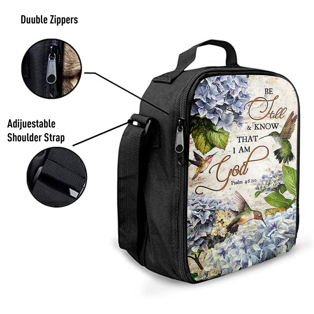 Be Still & Know That I Am God Blue Hydrangea Hummingbird Lunch Bag, Christian Lunch Bag For School, Picnic, Religious Lunch Bag