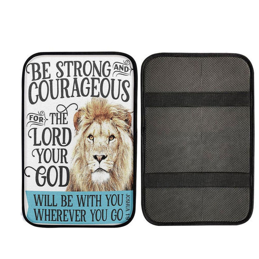 Be Strong And Courageous Lion Car Center Console Cover, Christian Car Armrest Cover