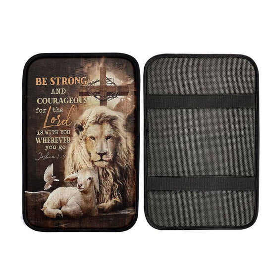 Be Strong And Courageous Lion White Lamb Car Center Console Cover, Christian Car Armrest Cover