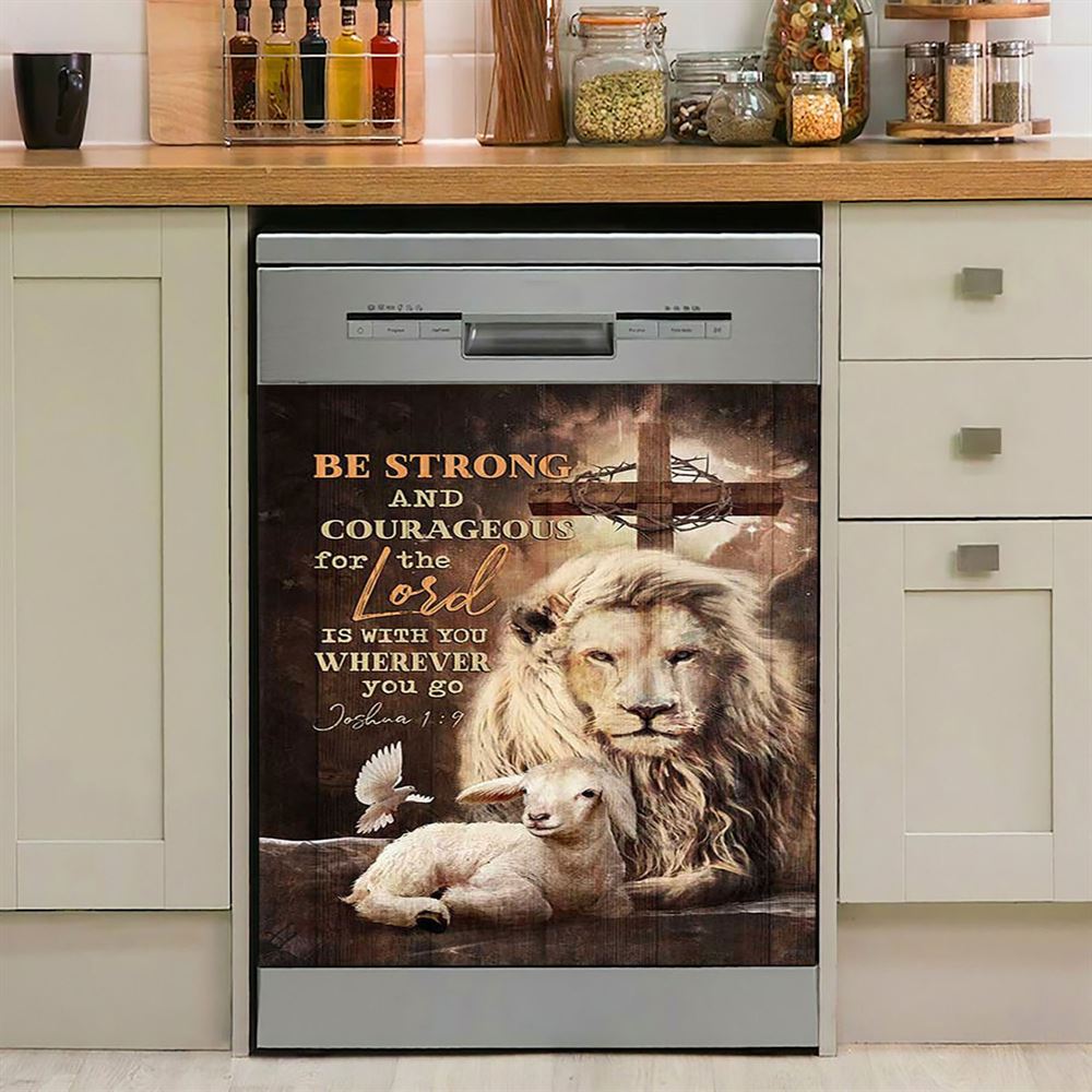Be Strong And Courageous Lion White Lamb Dishwasher Cover, Bible Verse Dishwasher Magnet Cover, Christian Inspirational Kitchen Decor