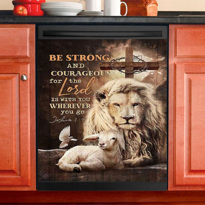 Be Strong And Courageous Lion White Lamb Dishwasher Cover, Bible Verse Dishwasher Magnet Cover, Christian Inspirational Kitchen Decor