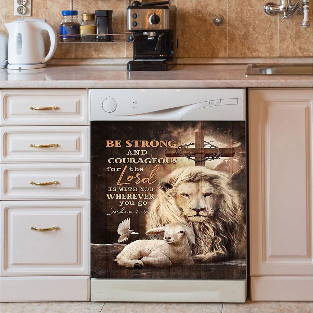 Be Strong And Courageous Lion White Lamb Dishwasher Cover, Bible Verse Dishwasher Magnet Cover, Christian Inspirational Kitchen Decor