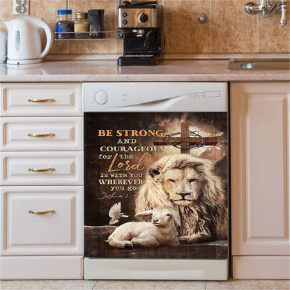 Be Strong And Courageous Lion White Lamb Dishwasher Cover, Bible Verse Dishwasher Magnet Cover, Christian Inspirational Kitchen Decor