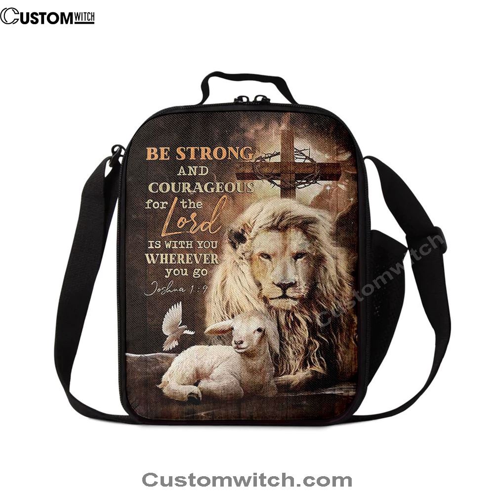 Be Strong And Courageous Lion White Lamb Lunch Bag, Christian Lunch Bag For School, Picnic, Religious Lunch Bag