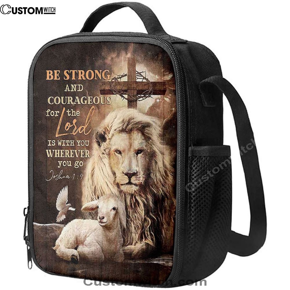 Be Strong And Courageous Lion White Lamb Lunch Bag, Christian Lunch Bag For School, Picnic, Religious Lunch Bag
