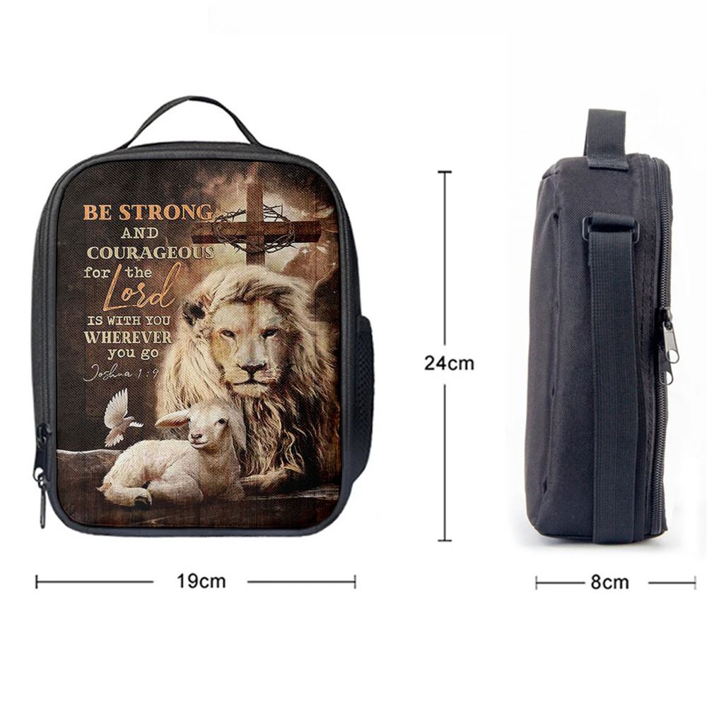 Be Strong And Courageous Lion White Lamb Lunch Bag, Christian Lunch Bag For School, Picnic, Religious Lunch Bag