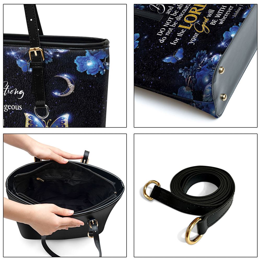 Be Strong And Courageous Personalized Leather Tote Bag, Christian Pu Leather Bags For Women