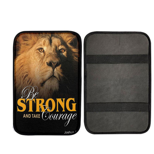 Be Strong And Courageous The King Lion Car Center Console Cover - Lion Car Center Console Cover, Christian Car Armrest Cover