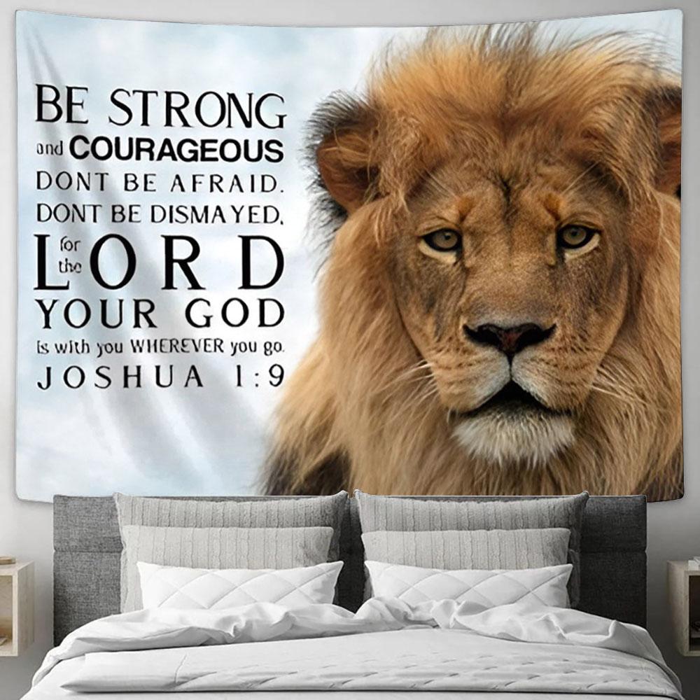 Be Strong And Courageous The Lion Lamb Cross Tapestry Art - Lion Tapestry Wall Decor
