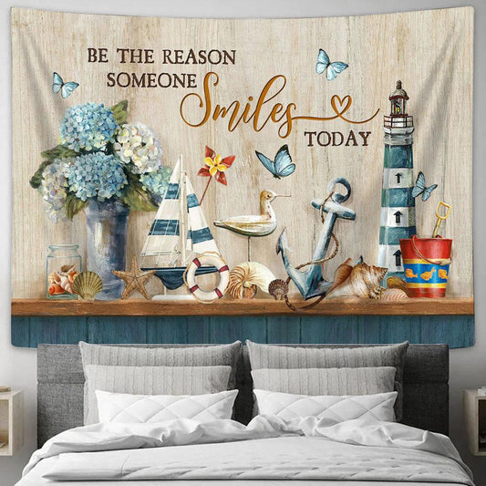 Be The Reason Someone Smiles Tapestry - Ocean Things Types Of Seashell Blue Hydrangea Large Tapestry Art - Christian Wall Decor - Religious Wall Decor