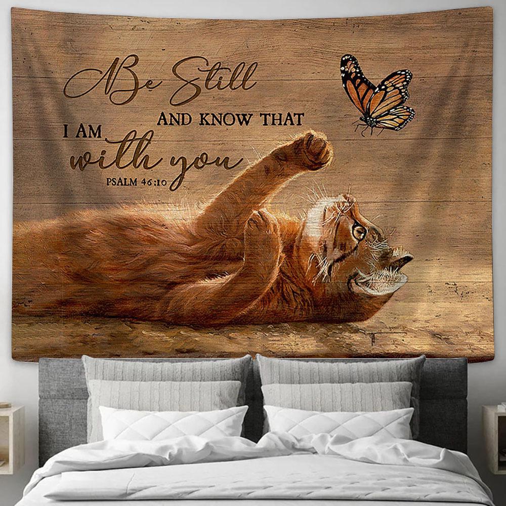 Be still and know that I am with you Brown cat Tapestry Wall Art - Bible Verse Tapestry - Religious Tapestry Wall Hanging