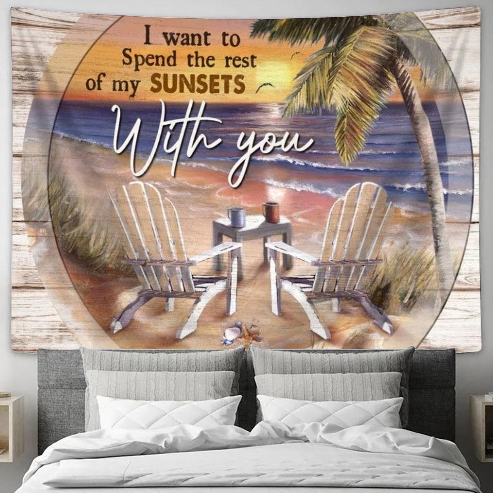 Beach Chairs, Palm Tree, Sunset Sky, Spend My Sunsets With You Tapestry, Tapestries for Living Room Bedroom