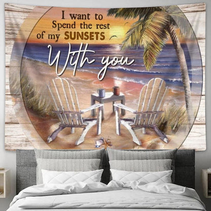 Beach Chairs, Palm Tree, Sunset Sky, Spend My Sunsets With You Tapestry, Tapestries for Living Room Bedroom