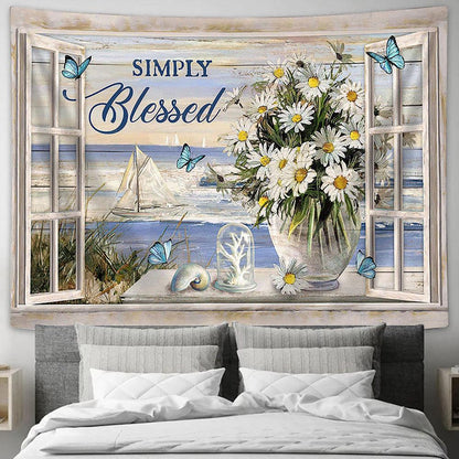 Beach Daisy Vase Simply Blessed Tapestry Wall Art - Bible Verse Tapestry - Religious Tapestry Wall Hanging