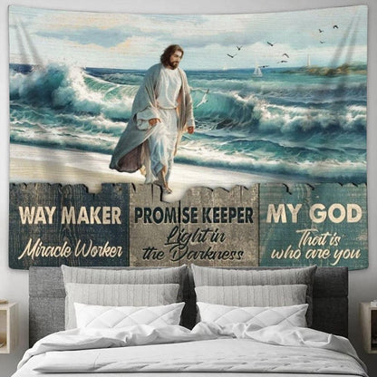 Beach Painting Walking With Jesus Way Maker Miracle Worker Tapestry, Tapestries for Living Room Bedroom