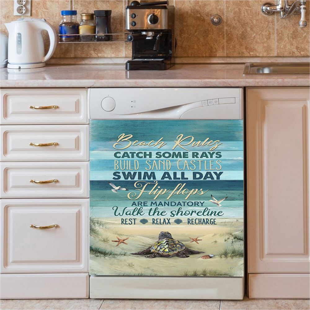 Beach Rules Baby Sea Turtle Sea Life Seagulls Dishwasher Cover, Christian Dishwasher Magnet Cover, Bible Verse Kitchen Decor