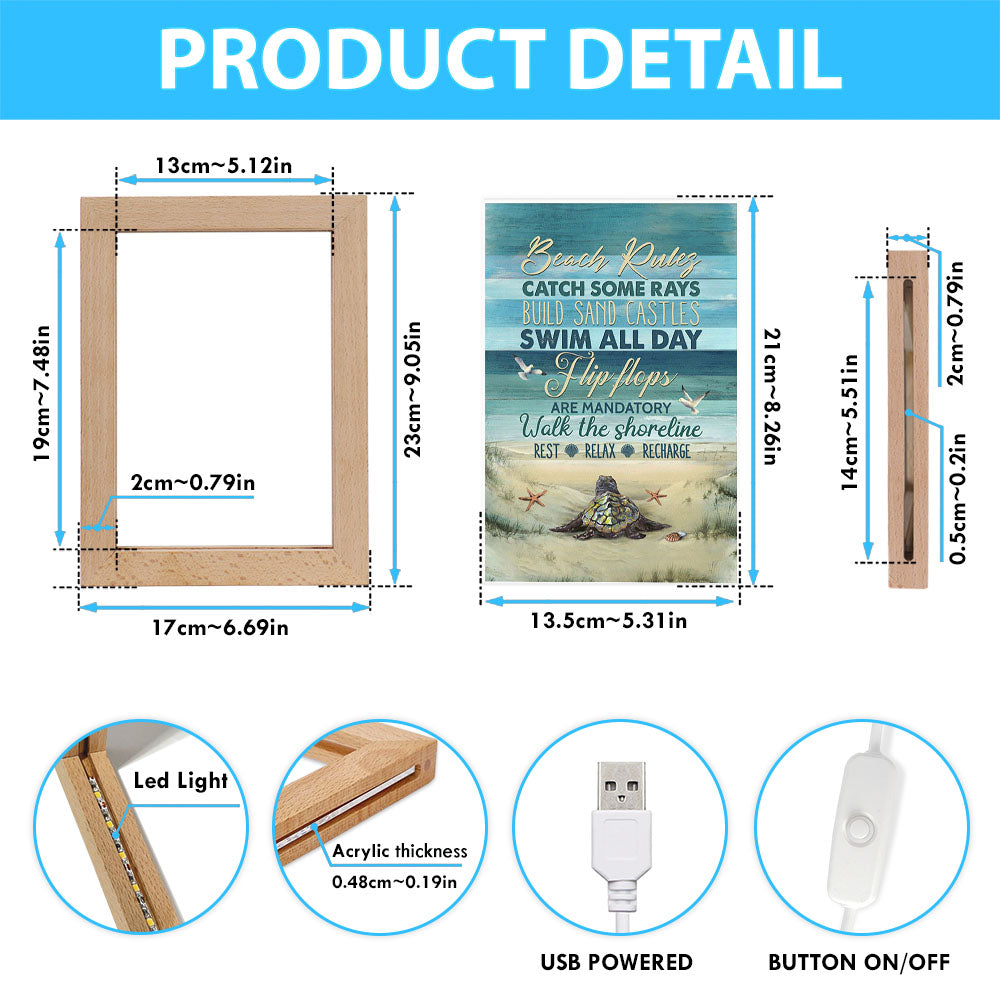 Beach Rules Baby Sea Turtle Sea Life Seagulls Frame Lamp Art - Christian Night Light - Bible Verse Wooden Lamp