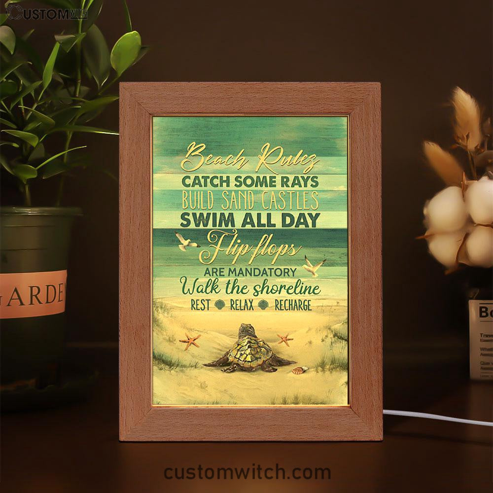 Beach Rules Baby Sea Turtle Sea Life Seagulls Frame Lamp Art - Christian Night Light - Bible Verse Wooden Lamp