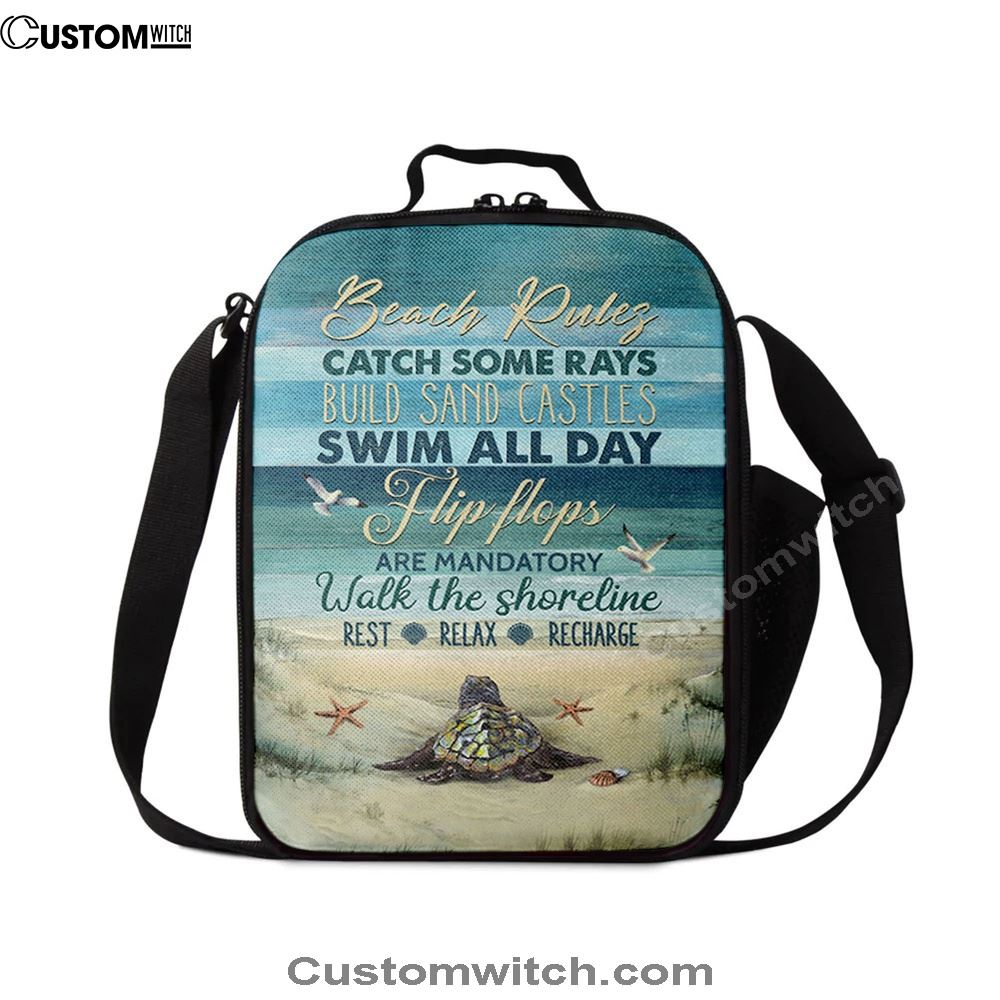Beach Rules Baby Sea Turtle Sea Life Seagulls Lunch Bag, Christian Lunch Bag For School, Picnic, Religious Lunch Bag