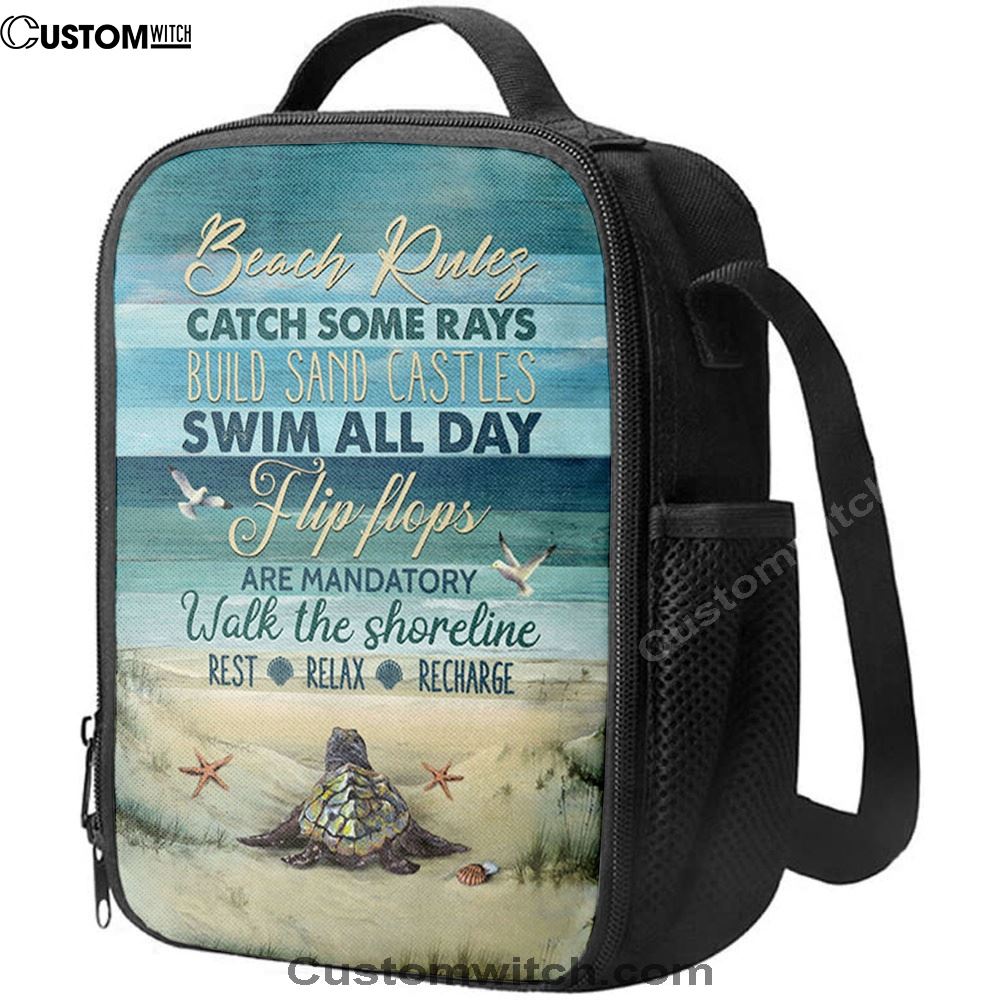 Beach Rules Baby Sea Turtle Sea Life Seagulls Lunch Bag, Christian Lunch Bag For School, Picnic, Religious Lunch Bag