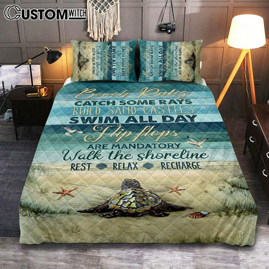 Beach Rules Baby Sea Turtle Sea Life Seagulls Quilt Bedding Set Bedroom - Christian Quilt Bedding Set Prints - Bible Verse Quilt Bedding Set Art