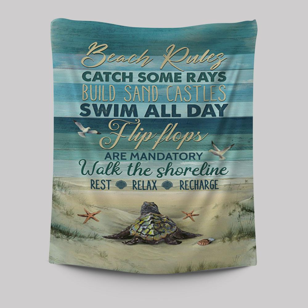 Beach Rules Baby Sea Turtle Sea Life Seagulls Tapestry Wall Art - Christian Tapestries Prints - Bible Verse Tapestry Art