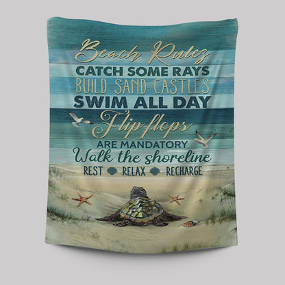 Beach Rules Baby Sea Turtle Sea Life Seagulls Tapestry Wall Art - Christian Tapestries Prints - Bible Verse Tapestry Art