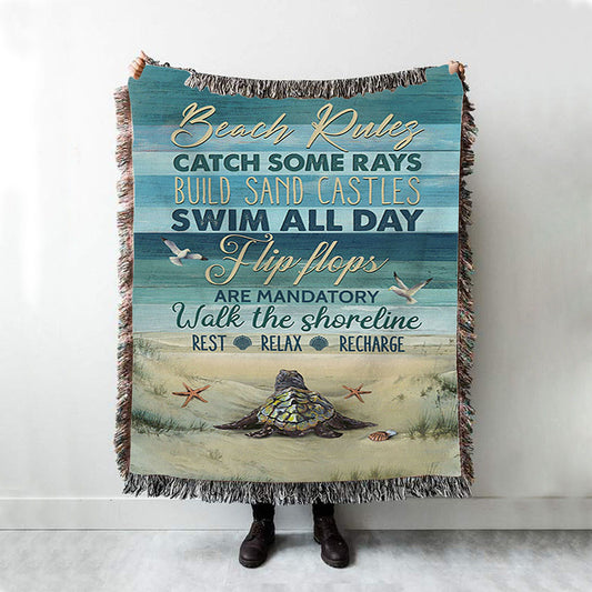 Beach Rules Baby Sea Turtle Sea Life Seagulls Woven Throw Blanket - Christian Woven Blanket Prints - Bible Verse Woven Blanket Art