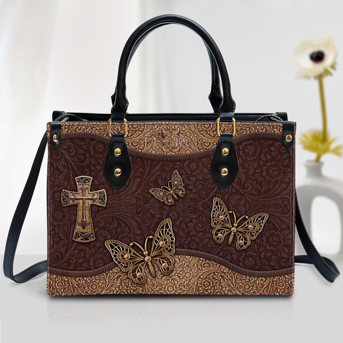 Beautiful Christian Cross And Butterfly Leather Bag, Christian Pu Leather Bags For Women