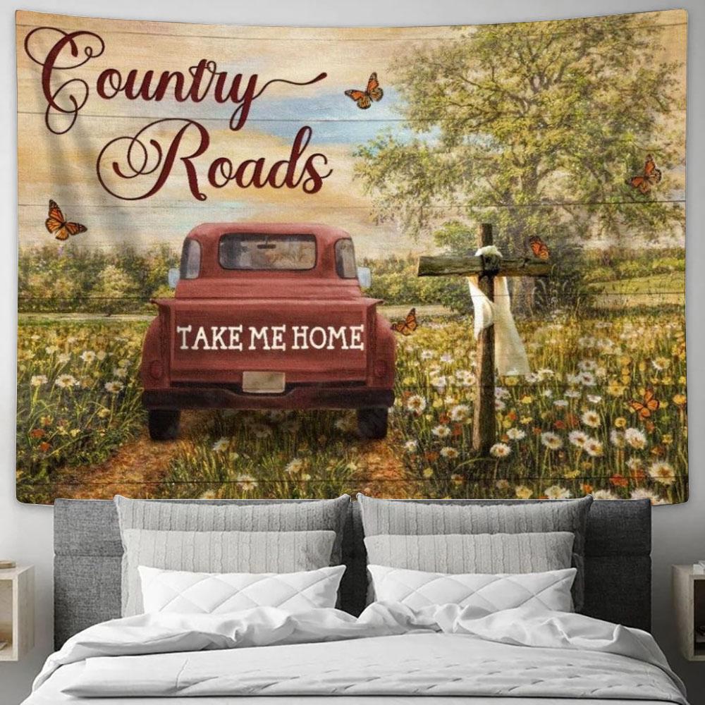 Beautiful Countryside, Dandelion Field, Ladybug Car, Country Roads Take Me Home Tapestry, Tapestries for Living Room Bedroom