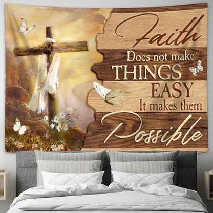 Beautiful Cross, Mountain Drawing, Faith Does Not Make Things Easy Tapestry, Tapestries for Living Room Bedroom