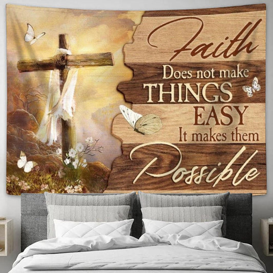 Beautiful Cross, Mountain Drawing, Faith Does Not Make Things Easy Tapestry, Tapestries for Living Room Bedroom