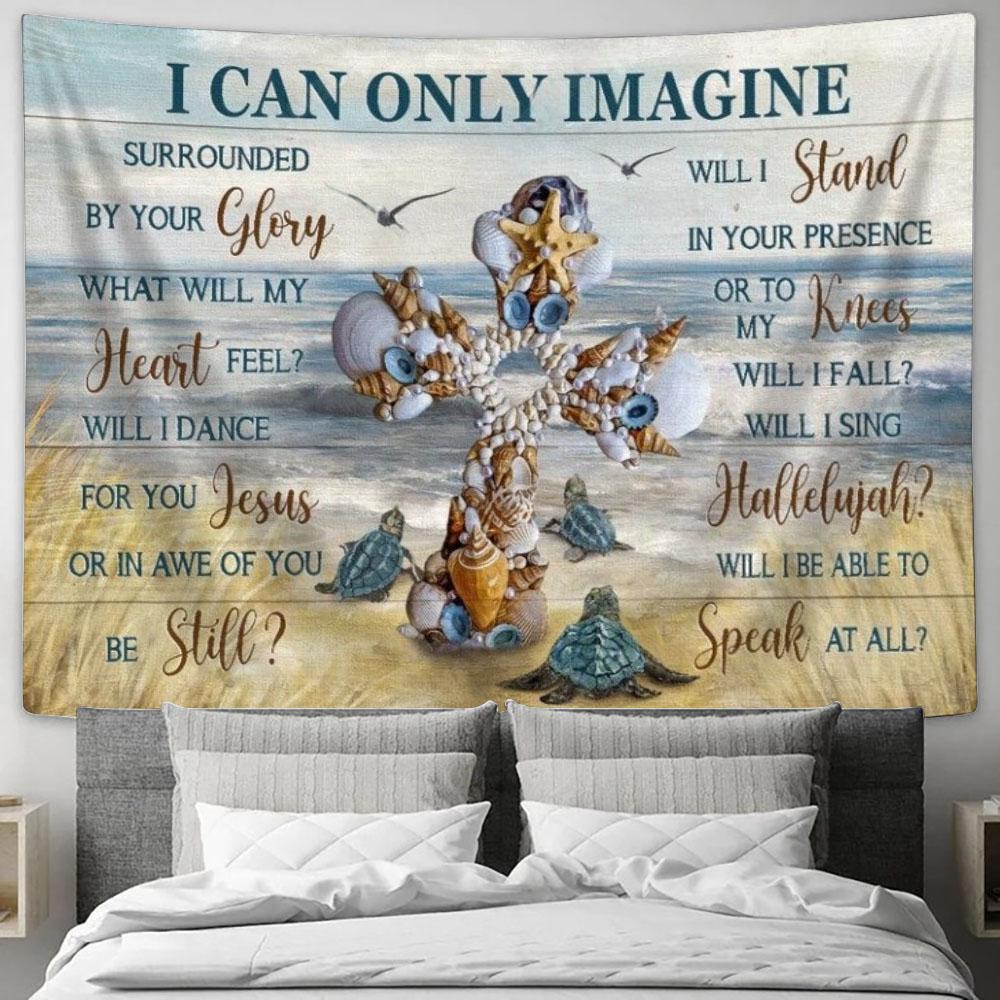 Beautiful Cross, Sea Turtle, Seagull, Beach Painting, I Can Only Imagine Tapestry, Tapestries for Living Room Bedroom