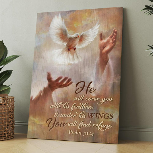 Beautiful Dove Drawing Jesus's Hand He Will Cover You With His Feathers Canvas, Christmas Gift for Christian