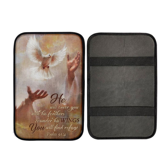 Beautiful Dove Drawing Jesus's Hand He Will Cover You With His Feathers Car Center Console Cover, Car Armrest Pad, Christian Gift