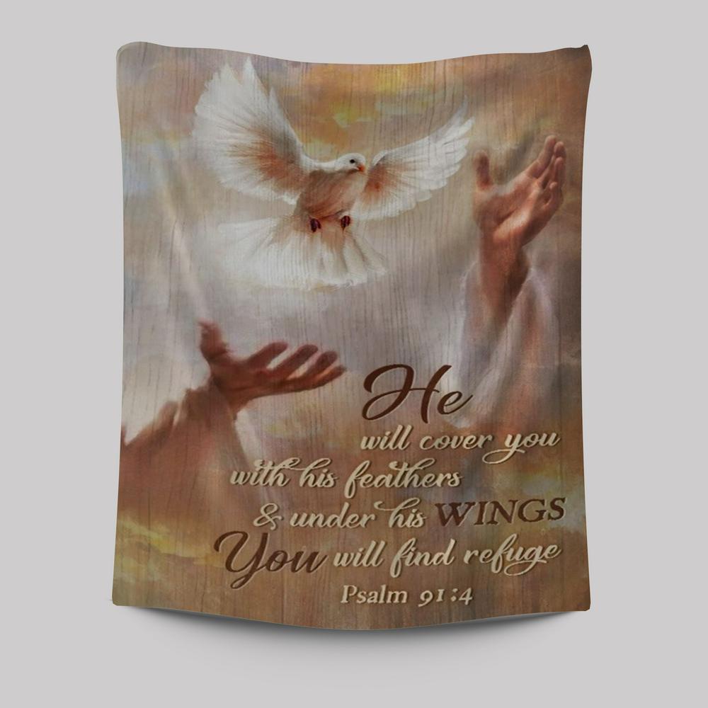 Beautiful Dove Drawing Jesus's Hand He Will Cover You With His Feathers Tapestry