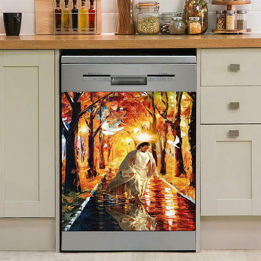 Beautiful Dove Jesus Walking In Forest Dishwasher Cover, Bible Verse Dishwasher Magnet Cover, Christian Inspirational Kitchen Decor