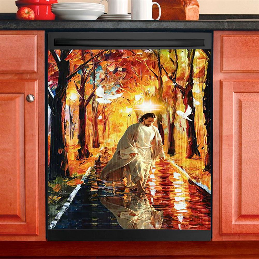 Beautiful Dove Jesus Walking In Forest Dishwasher Cover, Bible Verse Dishwasher Magnet Cover, Christian Inspirational Kitchen Decor