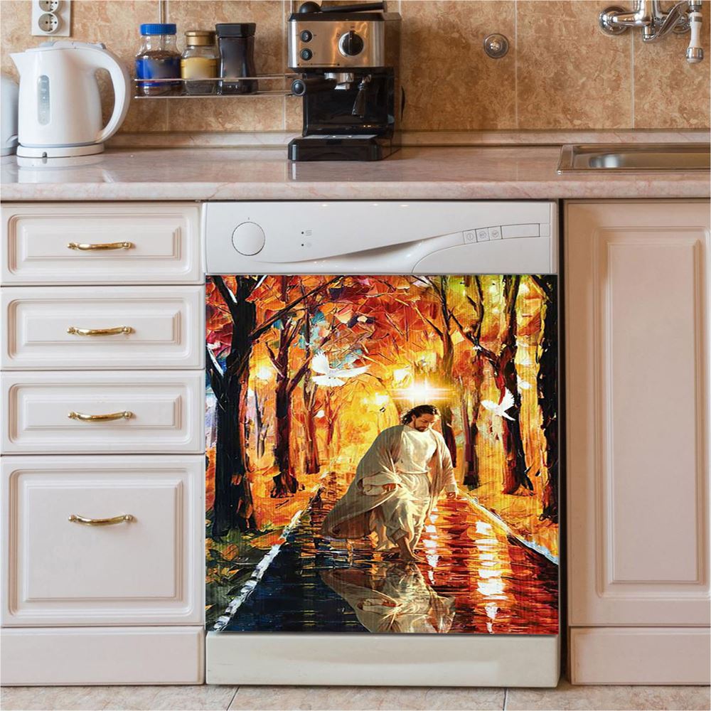 Beautiful Dove Jesus Walking In Forest Dishwasher Cover, Bible Verse Dishwasher Magnet Cover, Christian Inspirational Kitchen Decor