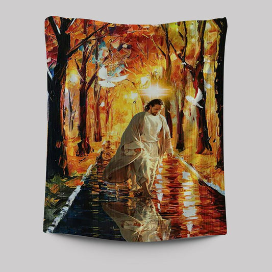 Beautiful Dove Jesus Walking In Forest Tapestry Art - Bible Verse Wall Art - Christian Inspirational Wall Decor