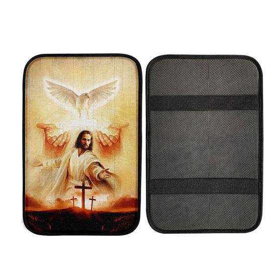 Beautiful Dove Pray For Healing Jesus's Hand Cross Symbol Car Center Console Cover, Christian Car Armrest Cover
