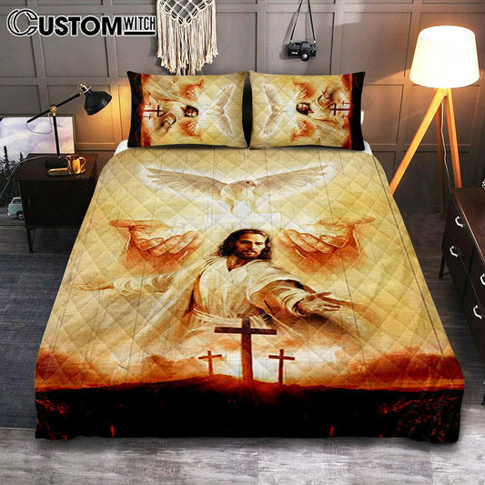 Beautiful Dove Pray For Healing Jesus's Hand Cross Symbol Quilt Bedding Set Bedroom - Bible Verse Quilt Bedding Set Art - Christian Home Decor