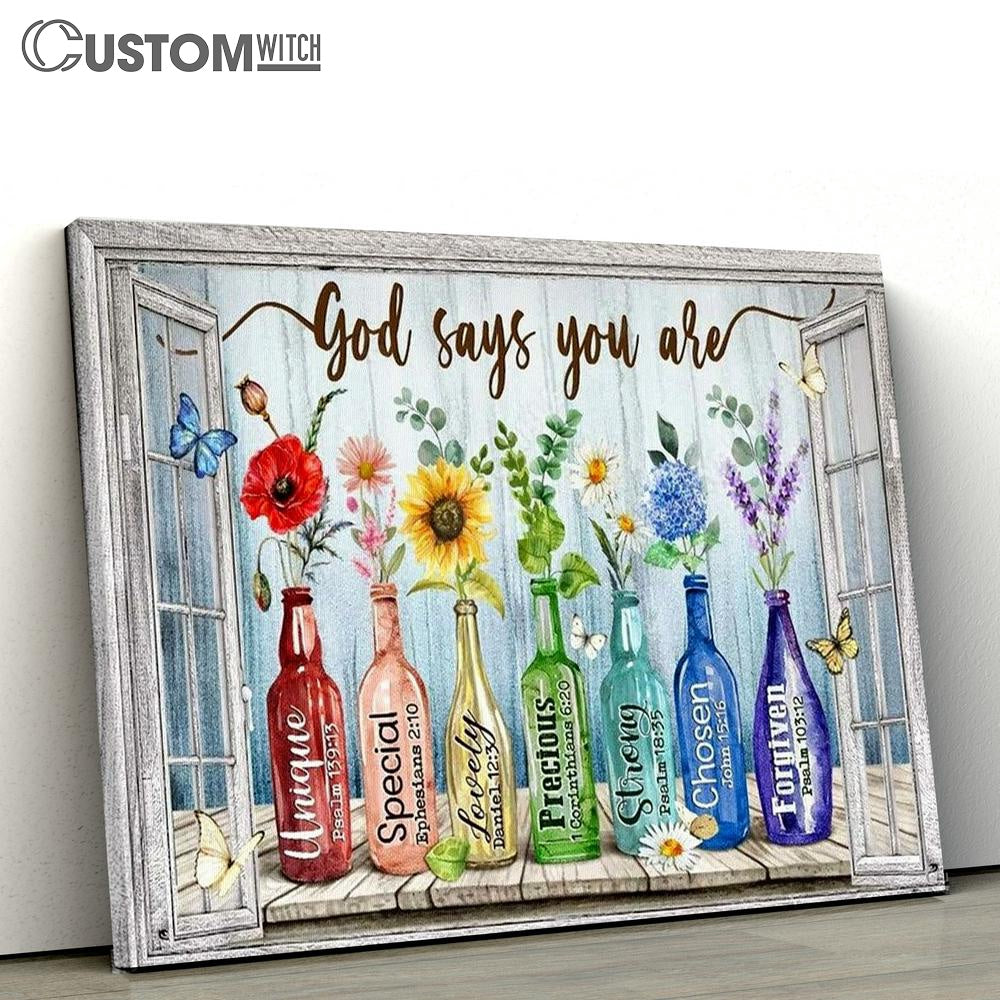 Beautiful Flowers, Rainbow Color, Colored Glass Bottles, God Says You Are Canvas Poster