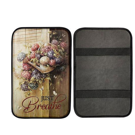 Beautiful Flowers White Butterfly Just Breathe Car Center Console Cover, Christian Car Armrest Cover