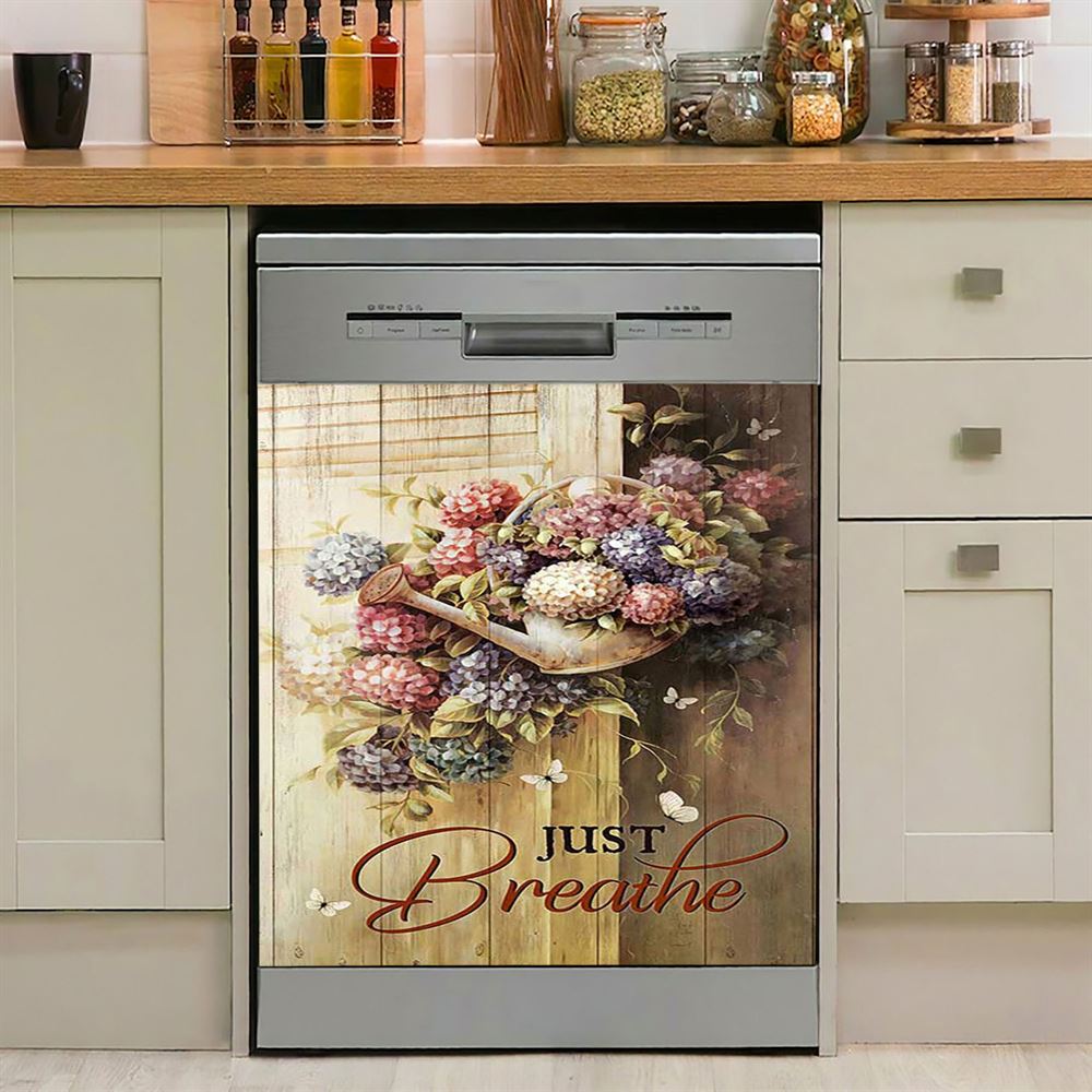 Beautiful Flowers White Butterfly Just Breathe Dishwasher Cover, Bible Verse Dishwasher Magnet Cover, Inspirational Kitchen Decor